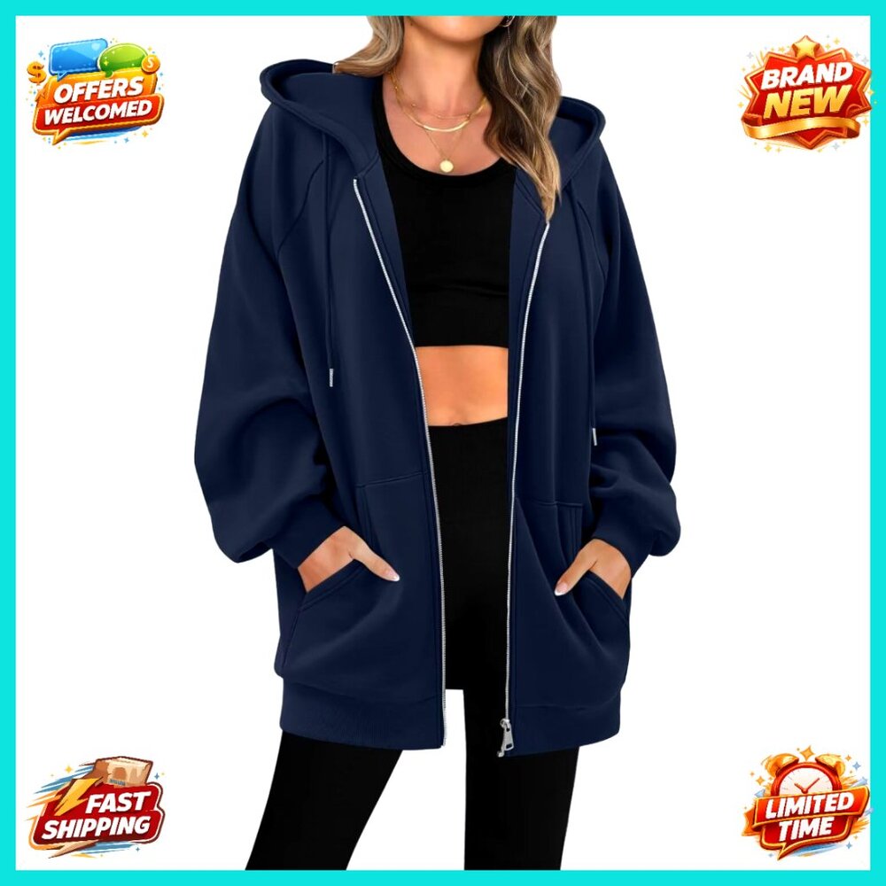 Oversized Fleece Zip Up Hoodie with Pockets, S-3XL, Casual Fall Jacket